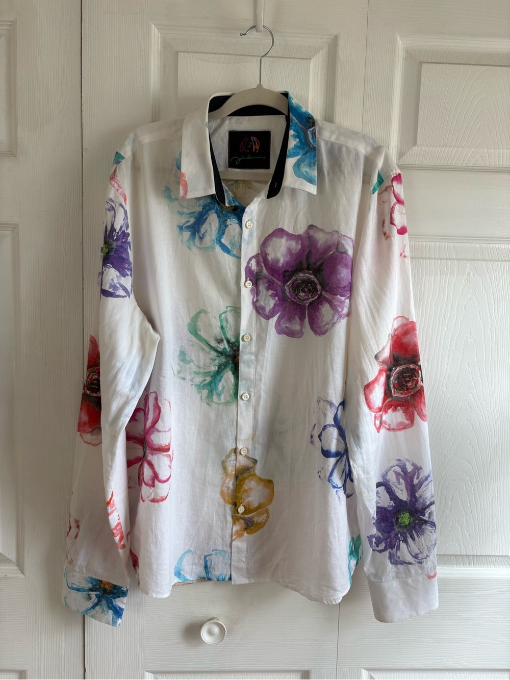 John Lennon XL Button Up Long Sleeve Casual Dress Shirt Watercolor Floral White